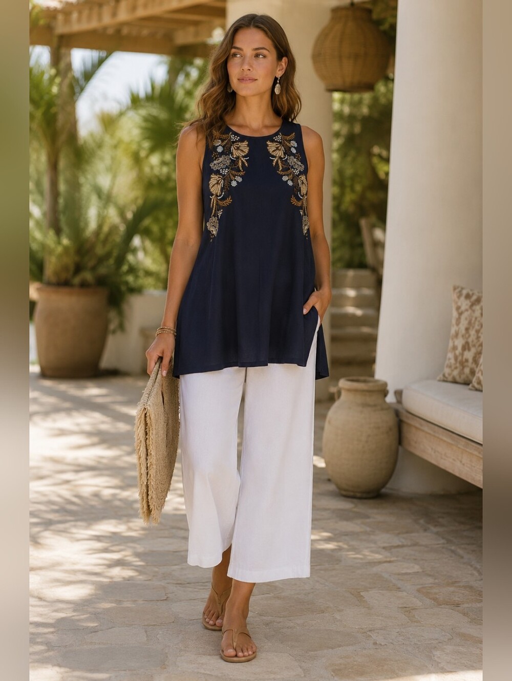 J. Jill Crinkled Embroidered Floral Longline Tank Top in Navy Boho Women's S NWT